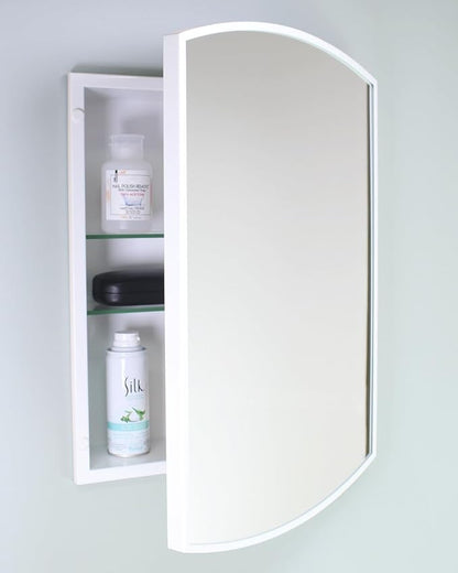Fox Hollow Furnishings 16x20 Harper Crescent Metal Framed Rectangle Recessed Bathroom Medicine Cabinet, Arced Mirror, 14x18 in-Wall Opening, Adjustable Glass Shelves, Magnet Close, White