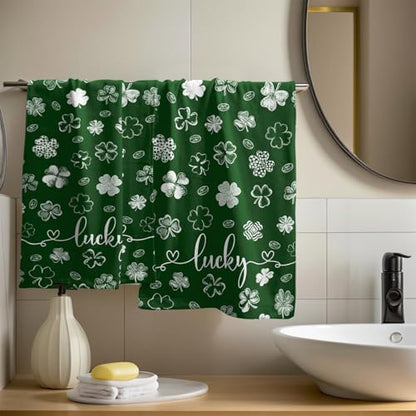 Lucky Clover Shamrocks Hand Towels 2 Pcs, 14x28 Inch Green St. Patrick's Day Absorbent Soft Tea Towels Quick Dry Dish Towel for Holiday Kitchen Bathroom Home Hotel Decorations