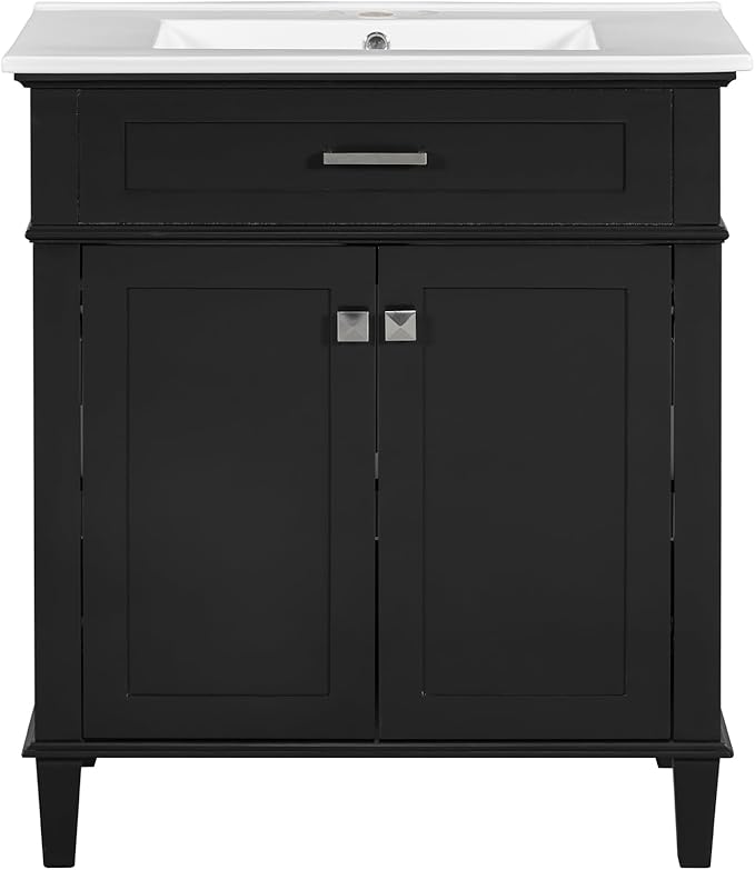Favfurish 30" Bathroom Vanity with Ceramic Sink,Undermount Single Basin Bath Vanity Set w/2 Soft-Close Doors and Adjustable Shelf,Modern Freestanding Storage Cabinet,Solid Wood Frame,Black