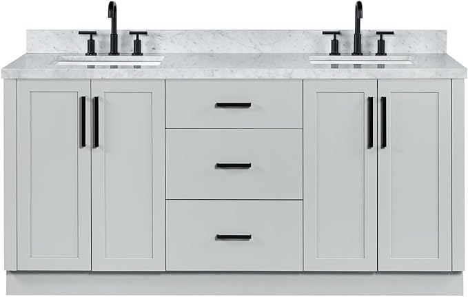ARIEL Loren 72-inch Bathroom Vanity with Sink,Solid Wood, 1.5-inch Italian Carrara Marble Countertop, Double Rectangular Porcelain Sink, 4 Soft Closing Doors, 3 Dovetail Drawers, Grey