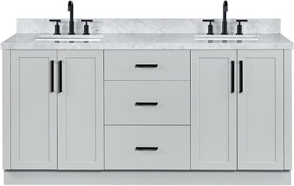 ARIEL Loren 72-inch Bathroom Vanity with Sink,Solid Wood, 1.5-inch Italian Carrara Marble Countertop, Double Rectangular Porcelain Sink, 4 Soft Closing Doors, 3 Dovetail Drawers, Grey