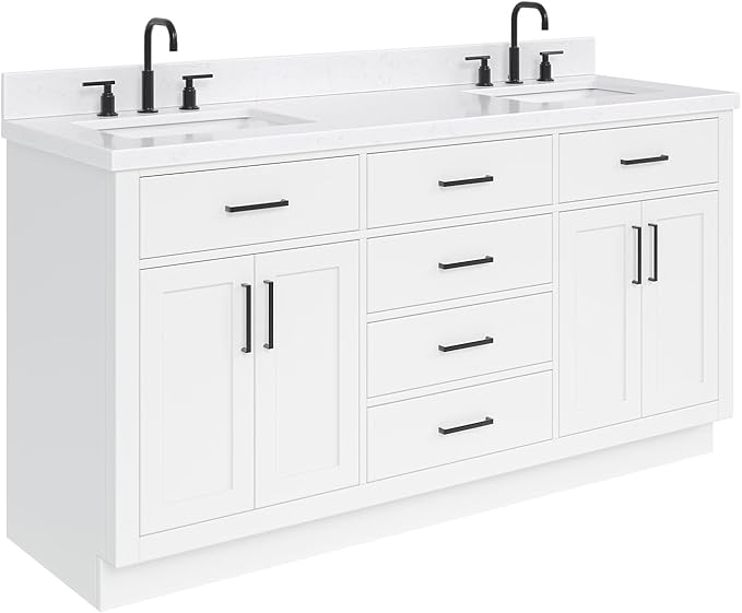 ARIEL Hepburn 66-inch Bathroom Vanity with Sink,Solid Wood, 1.5-inch Carrara White Quartz Countertop & Backsplash, Double Rectangular Porcelain Sink, 4 Soft Closing Doors, 6 Dovetail Drawers, White
