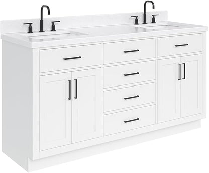 ARIEL Hepburn 66-inch Bathroom Vanity with Sink,Solid Wood, 1.5-inch Carrara White Quartz Countertop & Backsplash, Double Rectangular Porcelain Sink, 4 Soft Closing Doors, 6 Dovetail Drawers, White