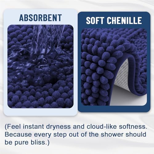 Grandaily Chenille Striped Bathroom Rugs 36x24, Extra Thick and Soft Absorbent Bath Mats, Rubber Backing, Plush Shaggy Shower Carpet, Machine Wash Dry, Bath Rug for Bathroom, Twilight Sapphire