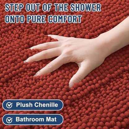 Grandaily Chenille Striped Bathroom Rugs 24x16, Extra Thick and Soft Absorbent Bath Mats, Rubber Backing, Plush Shaggy Shower Carpet, Machine Wash Dry, Bath Rug for Bathroom, Rustic Terracotta