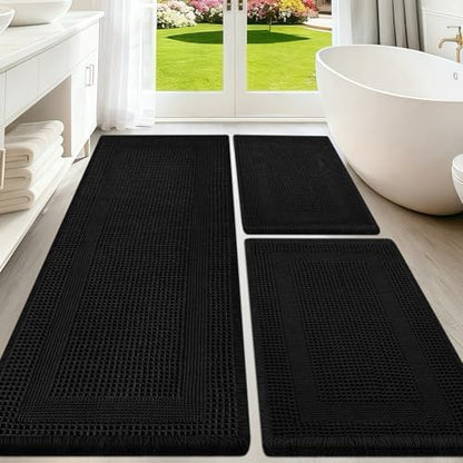 Upgraded Waffle Bath Mat Set 3 Piece Black-Looped, Super Absorbent Non-Slip Quick Dry Bathroom Rugs with Tassels, Machine Washable Ultra Soft Boho Bath Rugs for Floor, Toilet Mats Boho Farmhouse Decor