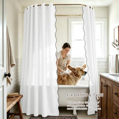 Furlinic Scalloped Linen White Shower Curtain No Hook Wide Fabric W78 x H75