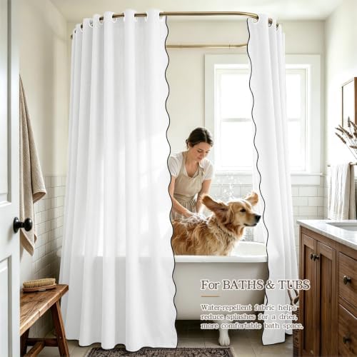Furlinic Scalloped Shower Curtain No Hook White Linen Boho Waterproof 96x75