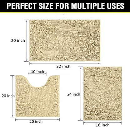 Bath Rugs Chenille 3-Piece Extra Soft and Absorbent Shag Beige Bathroom Rugs, Machine Wash Mat, Strong PVC Non-Slip Underside, Plush Carpet Mats (Beige)