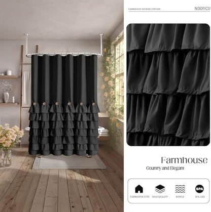 Ruffle Farmhouse Shower Curtain, Black Vintage Shower Curtains for Bathroom Fabric Cute Rustic Cloth, 72" W X 78" L Inch