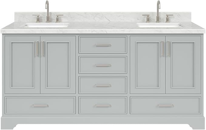 ARIEL Stafford 72-inch Bathroom Vanity with Sink,Solid Wood, 1.5-inch Italian Carrara Marble Countertop, Double Rectangular Porcelain Sink, 4 Soft Closing Doors, 6 Dovetail Drawers, Grey