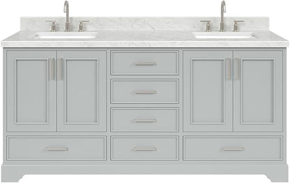 ARIEL Stafford 72-inch Bathroom Vanity with Sink,Solid Wood, 1.5-inch Italian Carrara Marble Countertop, Double Rectangular Porcelain Sink, 4 Soft Closing Doors, 6 Dovetail Drawers, Grey