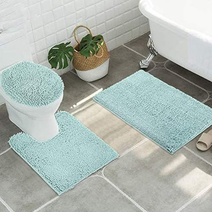 ITSOFT Standard 3pc Non-Slip Shaggy Chenille Bathroom Mat Set, Includes 24"x21" U-Shaped Contour Toilet Rug, 34"x21" Inches Bathmat and 1 Toilet Lid Cover, Spa Blue