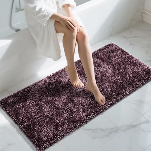 Yimobra Long Bathroom Rugs Runner 55x24 Inch, Extra Thick Soft Absorbent Chenille Bath Mat, Non Slip Machine Washable, Quick Dry Bath Rugs for Bathroom Floor, Tub and Shower, Purple Grey