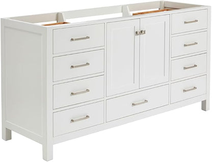 ARIEL Cambridge 66-inch Bathroom Vanity Base Cabinet,Solid Wood, 2 Soft Closing Doors, 9 Dovetail Drawers, White