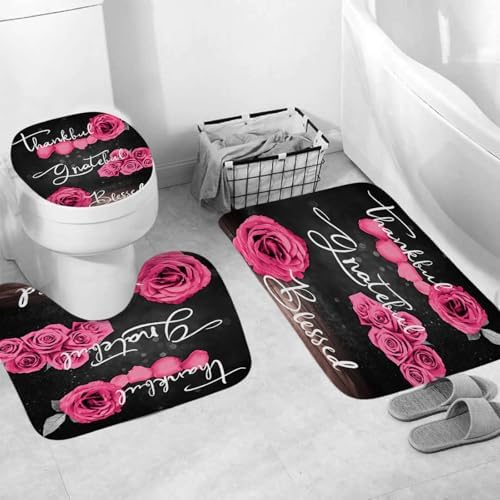 Onalasyc 4Pcs Pink Rose Floral Shower Curtain with Rugs Set