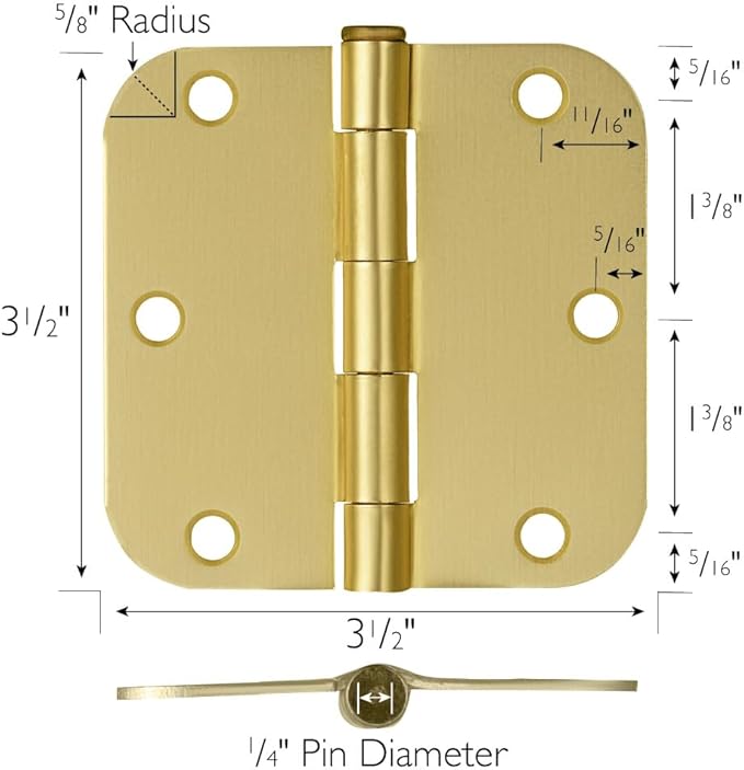 Design House Interior Door Hinges, 3.5 in. x 3.5 in., Rounded, 5/8-in. Radius, Steel, Pre-Lubricated, Door Hardware, Satin Brass, 3-Pack, 181396