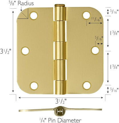 Design House Interior Door Hinges, 3.5 in. x 3.5 in., Rounded, 5/8-in. Radius, Steel, Pre-Lubricated, Satin Brass, 12-Pack, 189795