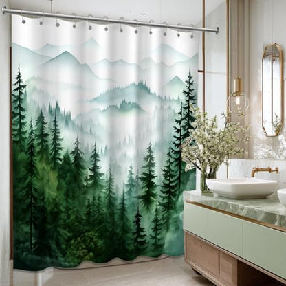 Dark Green and White Extra Long Shower Curtain, Tall 72X78 in, Forest