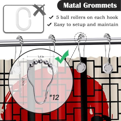 Japanese Shower Curtain Japan Anime Asian Black and Red Shower Curtains for Manly Bathroom Decor Sets, Waterproof Cloth Fabric with Hooks, 36 x 72 Inch