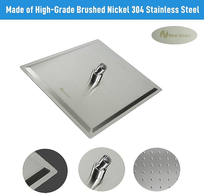 NearMoon Square Rain Shower Head With Extension Arm, Large Stainless Steel Rainfall Shower-Waterfall Full Body Coverage (12 Inch, Nickel)