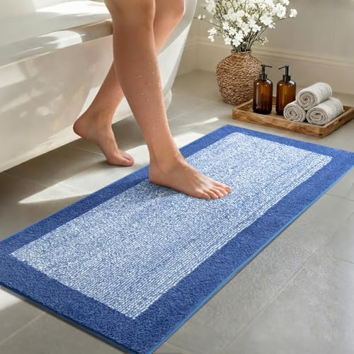 48x17 Long Bathroom Rugs Non Slip Washable, Soft Absorbent Bath Mat Blue