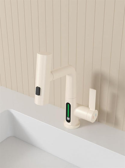 Bathroom One Hole Sink Basin Faucet with Waterfall Pull Down Sprayer,Vanity Single Handle 1 Hole Pull Out Faucet with Rainfall Spray Head Temperature Digital Display Mixer Tap Cream White