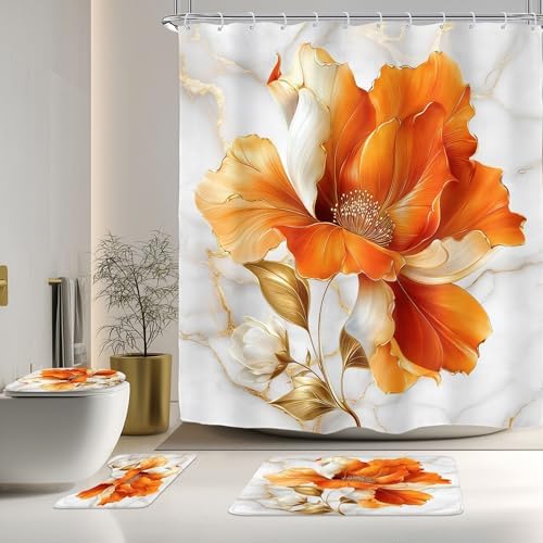 Burnt Orange Modern Floral Fall 4Pcs Bathroom Shower Curtain Set with Rugs