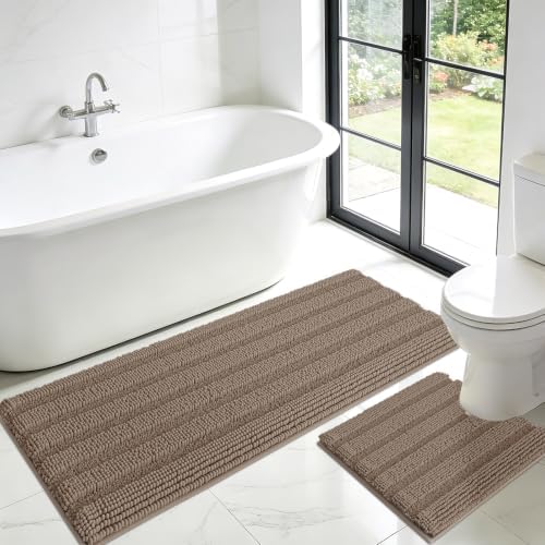 ACCUMTEK Striped Dark Beige Toilet Bathroom Rug Mat Set 2 piece Rug Ultra Soft, Non Slip Chenille Bath Rugs, Absorbent Plush Shaggy Bath Mats for Bathroom, Bedroom, Kitchen, Shower, Tub,Taupe
