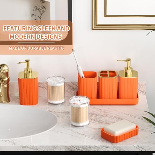 XLHOMO Bathroom Accessory Set - 26PC Bathroom Shower Curtain and Rug Set, Bathroom Accessories Set, Orange Bathroom Set with Trash Can, Toilet Brush, Qtip Holder & Soap Dispenser