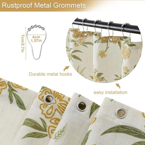 ORTIGIA Linen Shower Curtain Sage Green Floral Shower Curtains Farmhouse Vintage Boho Rustic Block Print Cottagecore Decor for Bathroom 72 W x 72 L