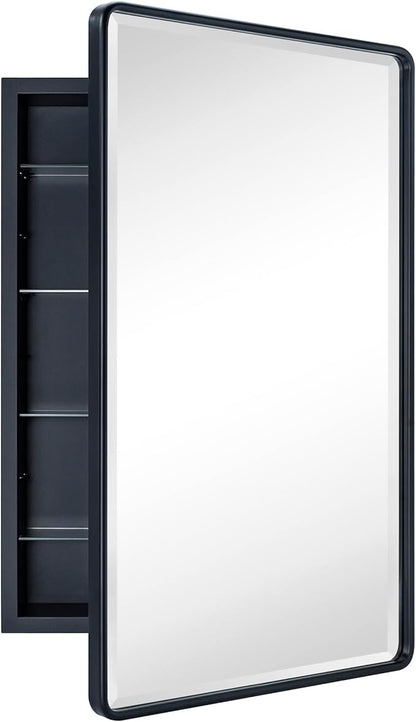 TEHOME Farmhouse Matt Black Recessed Bathroom Medicine Cabinet with Mirror Rounded Rectangle Metal Framed Medicine Cabinet with Beveled Mirror 20x30''