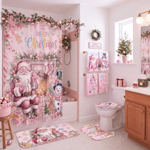 FuWeave 8 Pcs Pink Santa Christmas Shower Curtain Set for Bathroom with Xmas Snowman Shower Curtain Towels Non Slip Rugs Toilet Lid Cover Bath Mat and 12 Hooks for Christmas Bathroom Decor