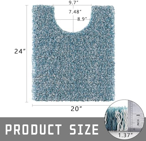 Yimobra Toilet Rugs U Shaped Washable 24X20, Ultra Soft and Water Absorbent Bath Mats, Non Slip Fluffy Shaggy Luxury Microfiber Contour Bath Rugs for Toilet, Dry Quick, Denim Blue and White