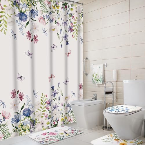 Honoson 8 Pcs Floral Shower Curtain Set with Rugs and Towels