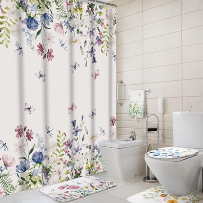 Honoson 8 Pcs Floral Shower Curtain Set with Rugs and Towels