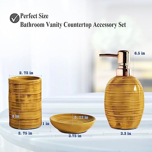 Bathroom Accessories Set, 3 Pcs Marble Look Bath Set Soap Dispenser & Toothbrush Holder Set, Counter Top Restroom Apartment Decor Stuff, Ceramic Kits, Unique Gift, Yellow