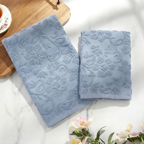 SmoothNovelty 2 Pcs Blue Floral Jacquard Hand Towels for Bathroom