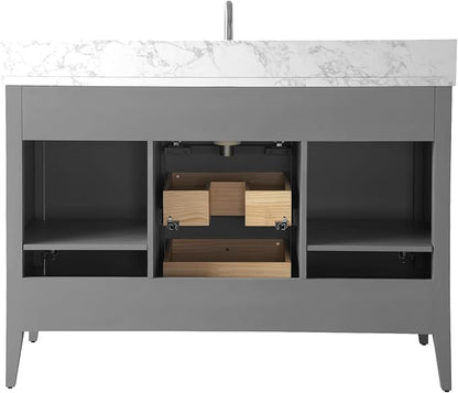 HOMEBEYOND 48" Bathroom Vanity with Sink, Solid Wood Bathroom Vanity Free-Standing Cabinet, Drawers, Ceramic Top & Soft Closing Door, Golden Brushed Handware, Cashmere Gray