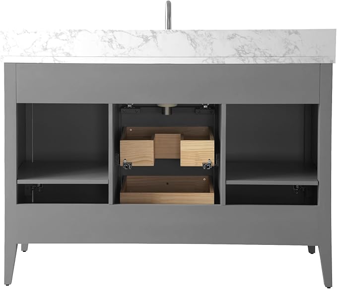 Vanity Art 48 inch Bathroom Vanity with Single Sink & Ceramic Top, Vanity Cabinet with Soft-Closing Door, Solid Wood Frame, Linear Pattern, Cashmere Gray, VA9148-G-MB,Matte Black Handles