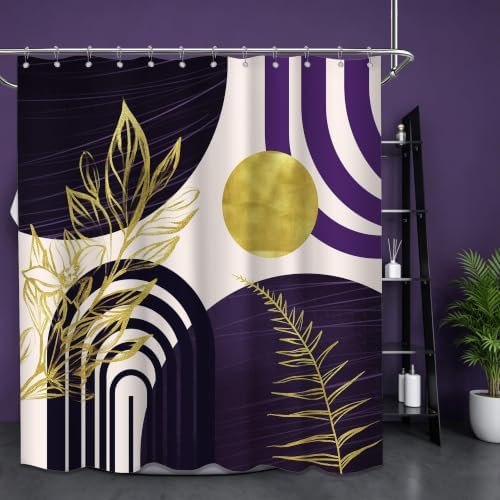 Dark Purple and Gold Shower Curtain, 72x72 in, Mid Century Modern Plum