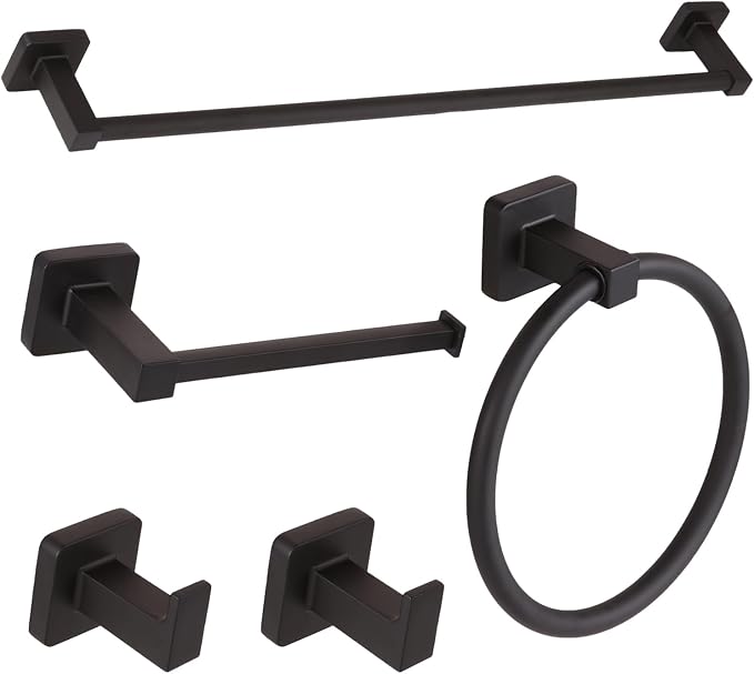 5 Piece Bathroom Hardware Accessories Set Matte Black,24 Inch Towel Bar Set,Towel Rack Set,Bathroom Towel Holder Set