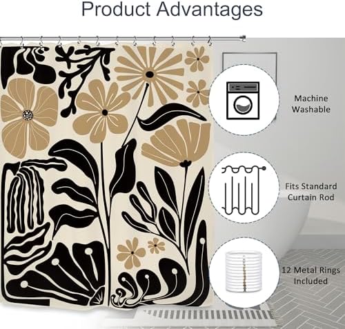 Black Tan Matisse Flower Shower Curtain 60Wx72L Inch Minimalist Abstract Vintage Botanical Blossom Modern Neutral Wildflower Art Bathroom Set Accessories Decor with 12 Pack Hooks
