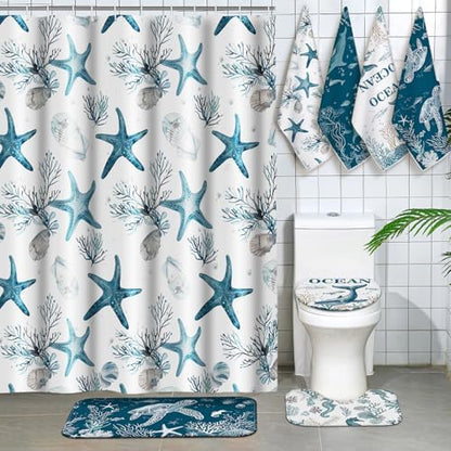 Honoson 8 Pcs Coastal Beach Ocean Theme Bathroom Shower Curtain Set