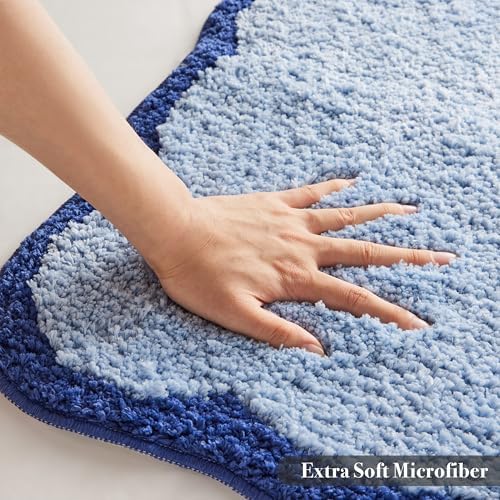 Ohocut Luxury Microfiber Scalloped Runner Rug, Navy Blue Scalloped Piping Long Bathroom Rug Nautical Coastal Bath Mat for Bathroom, Tub, Sink, Shower, Anti Slip, Extra Soft, Absorbent, 47x24