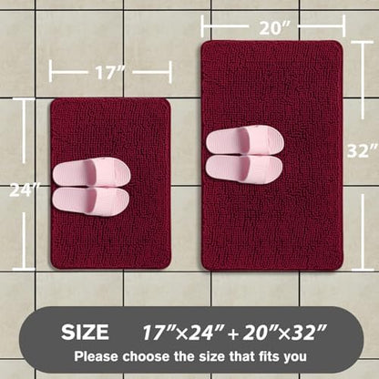 Vivid Burgundy Bathroom Rugs Sets 2 Piece – Absorbent and Washable Bath Mat, Non-Slip, Thick Soft Chenille Bath Rugs for Bathroom Floor, Shower, Sink - 17" x 24"+20" x 32"