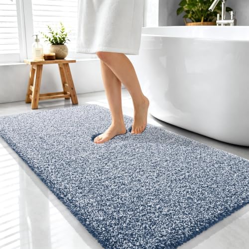 OLANLY Microfiber Bathroom Rugs 44x24, Quick Dry Bath Mat, Navy and White