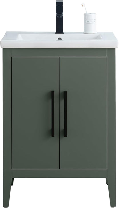 HomeBeyond 24 Inch Bathroom Vanity with Sink & Ceramic Top, Single Vanity Cabinet with Basin, Soft-Closing Doors & Matte Black Hardware, Vintage Green