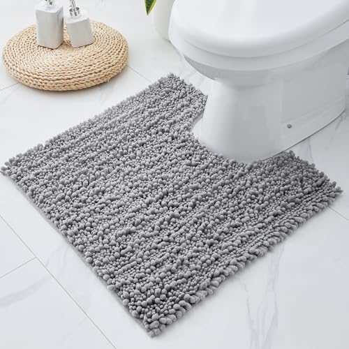 Disolla Toilet Rug 24x24 Inch - Grey U-Shaped Bathroom Floor Mat, Soft Shaggy Plush Absorbent Chenille Contour Rug, Non-Slip Washable Pedestal Base Rug