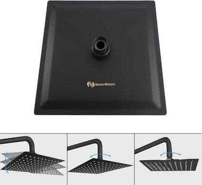 NearMoon Square Rain Shower Head With Extension Arm, Large Stainless Steel Rainfall Shower-Waterfall Full Body Coverage (16 Inch, Matte Black)
